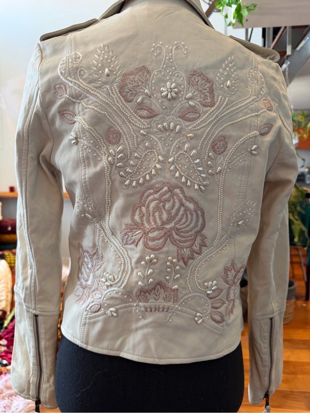Spell Cream Leather Jacket with Pink Floral Embroidery